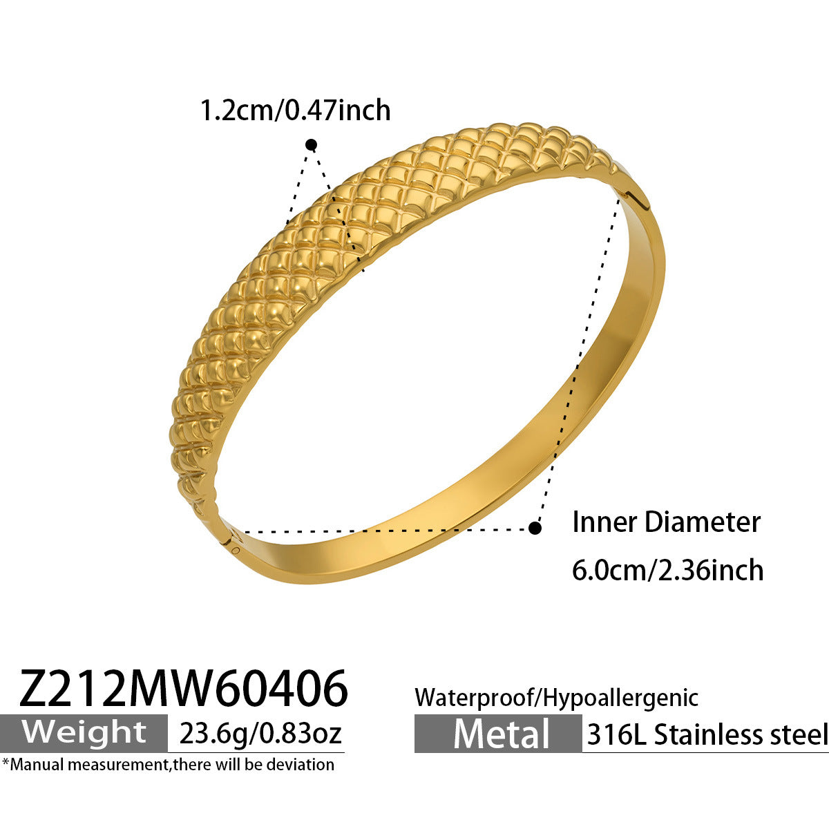 Texture Open Cuff Bangle, 316L stainless steel hypoallergenic statement bracelet