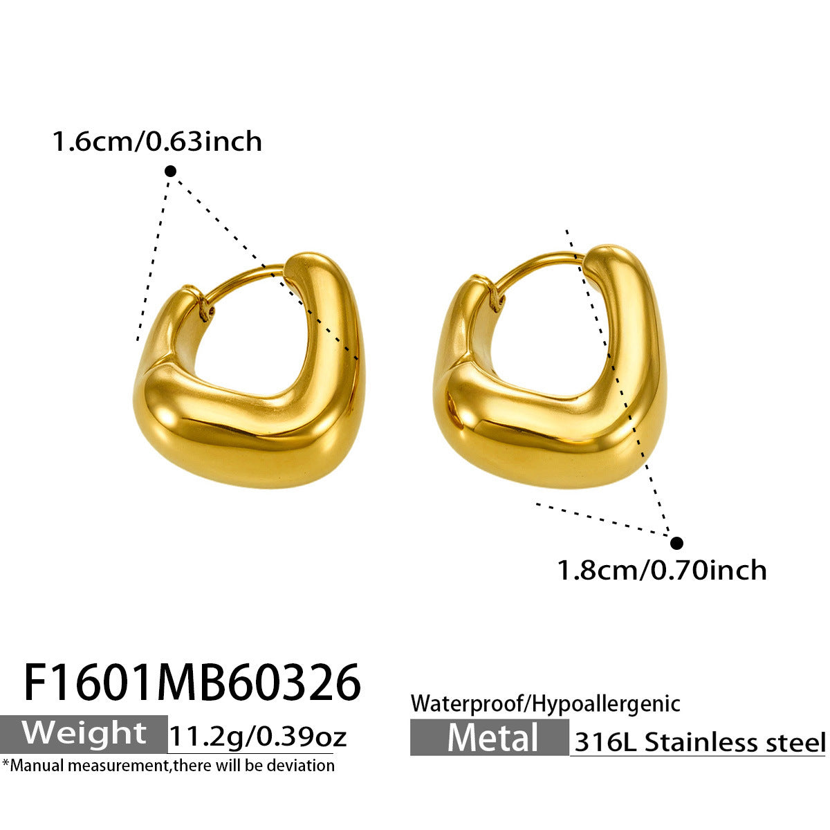 316L Stainless Steel 18K Gold PVD Oval Huggie Hoop Earrings - Oval Huggie, U-shaped, Minimalist, Elegant, 18K Gold PVD Wholesale Stainless Steel Jewelry - Sensitive Skin Friendly - Detail 5