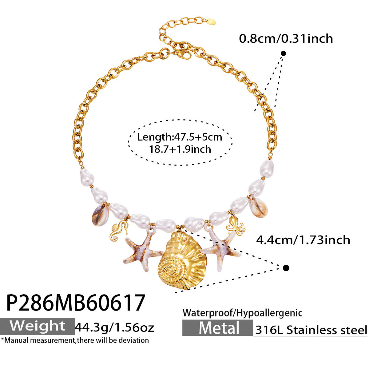 316L Stainless Steel 18K Gold PVD Pearl Resin Sea Star Necklace - Elegant Sea Star Design, Pearl Resin Accents Wholesale Stainless Steel Jewelry - Sensitive Skin Friendly - Detail 10