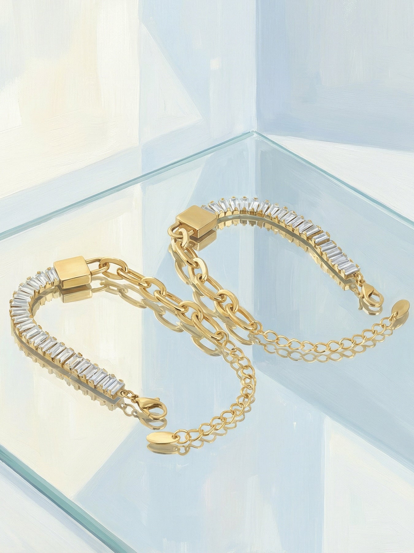 316L stainless steel 18K gold PVD lock link bracelets set, gold and steel reversible designs, waterproof wholesale