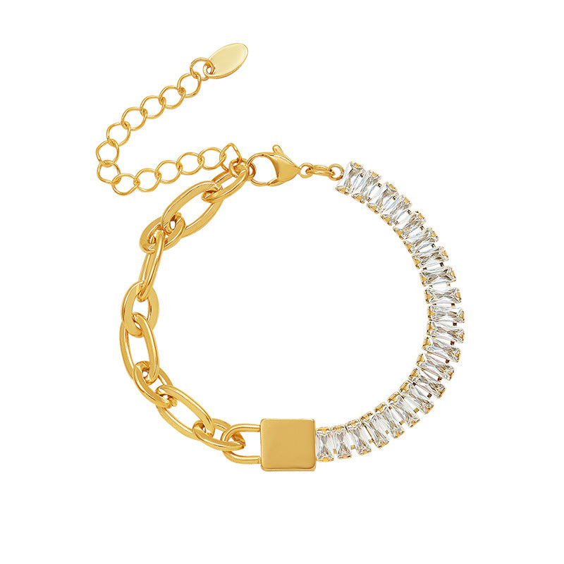 316L stainless steel 18K gold PVD plated 5A zircon lock link chain bracelet, reversible steel-gold design, waterproof hypoallergenic