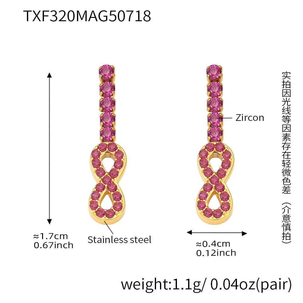 316L Stainless Steel 18K Gold PVD Plated Full Pave Zircon Figure-8 Pendant Earrings - Image 6