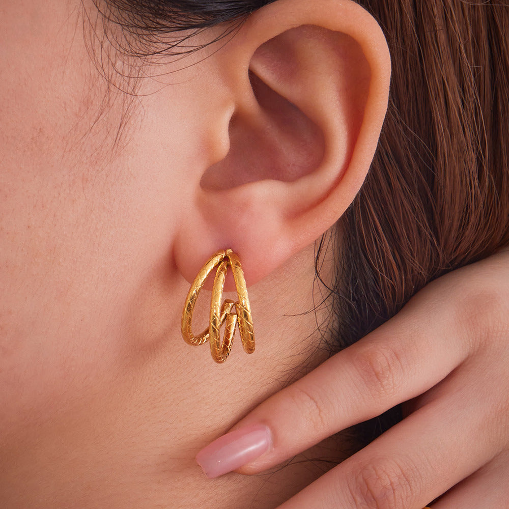 316L Stainless Steel 18K Gold PVD Plated Geometric Triple Layer C-Hoop Earrings - Image 3