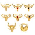 316L Stainless Steel 18K Gold PVD Plated 'Year of the Ox' Bull Head Open Ring with Enamel Detail