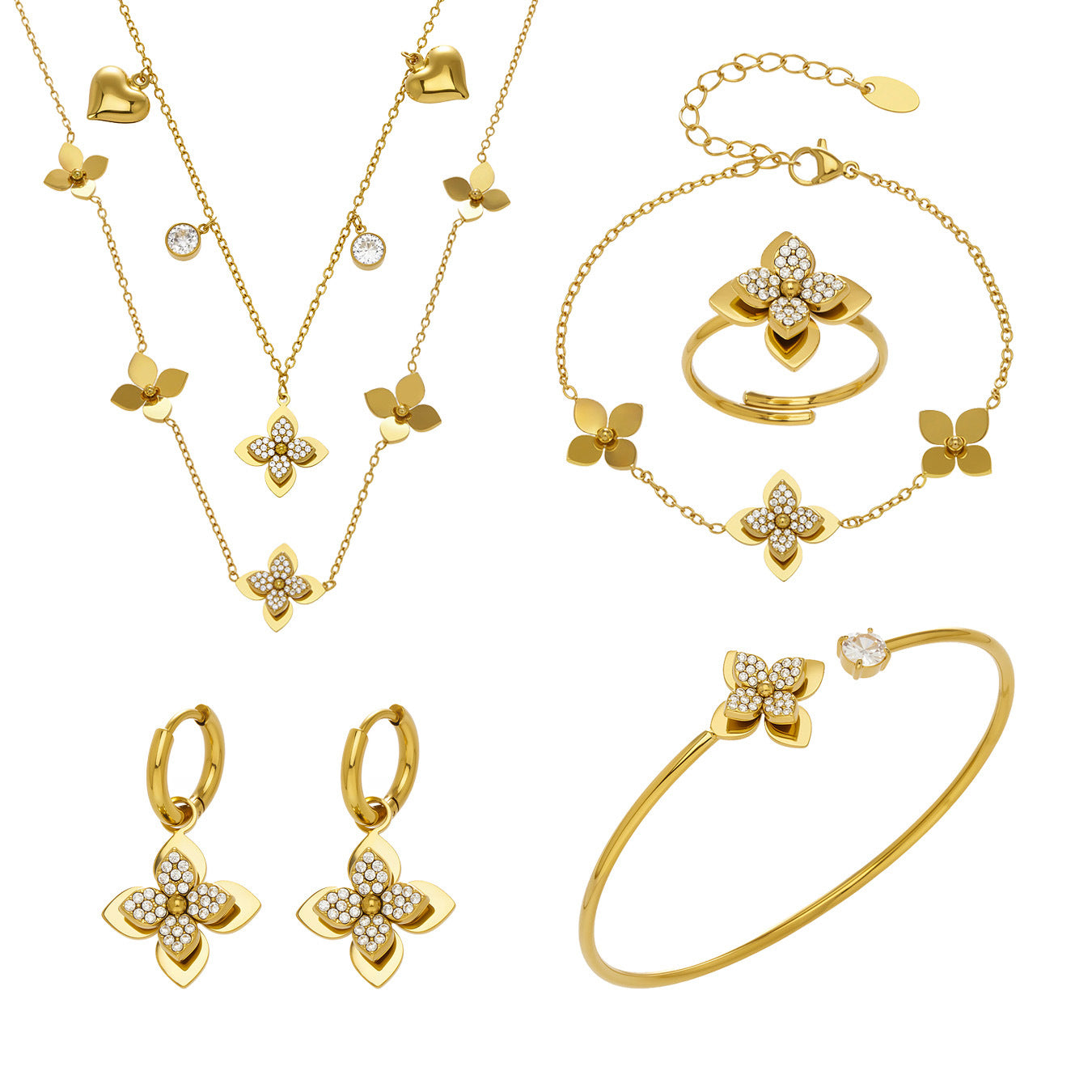 A complete 316L stainless steel four-petal flower jewelry collection featuring gold necklaces, bracelets, rings, and earrings with sparkling zircons.