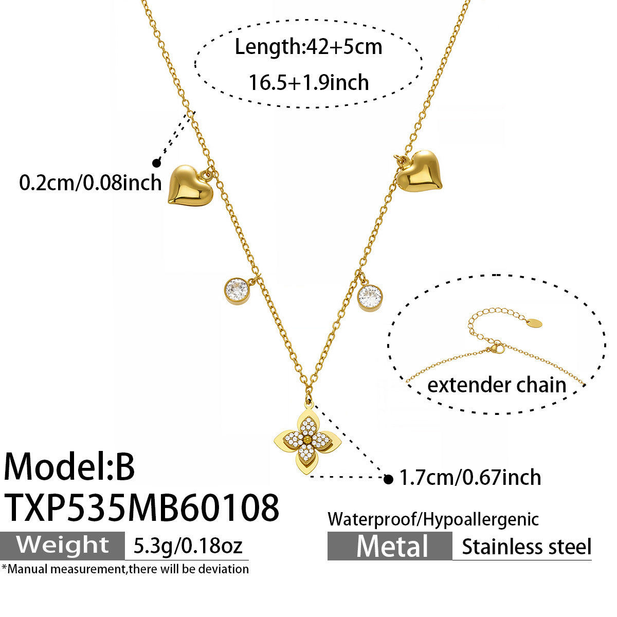 Technical dimension drawing of the 316L stainless steel flower bracelet showing the charm size and total weight for retailers.