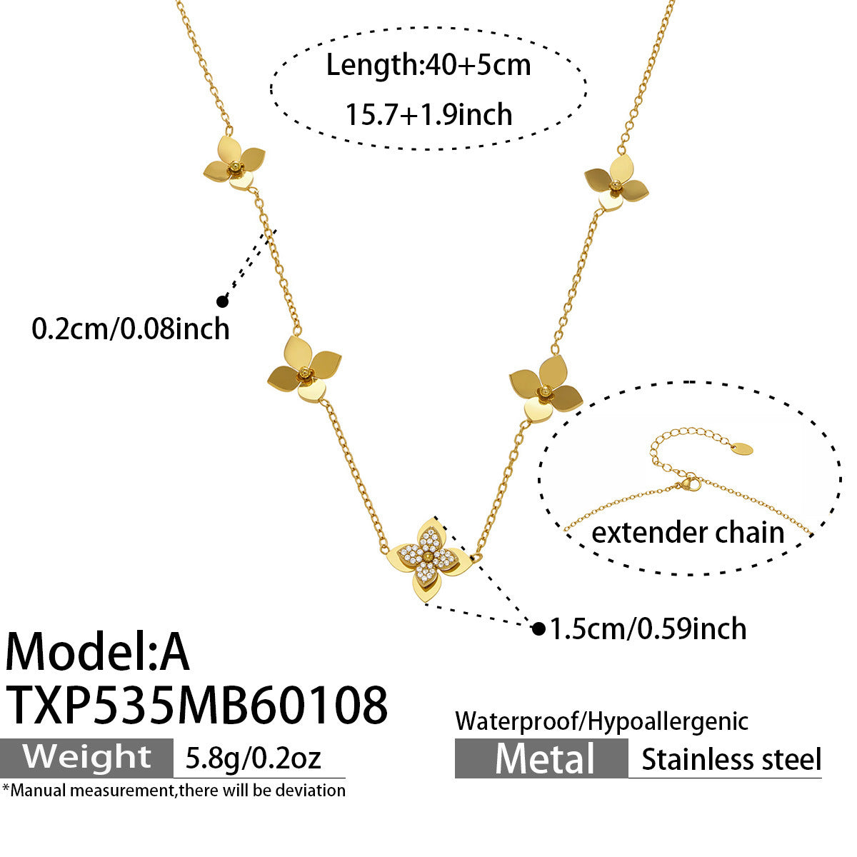 Size guide for the multi-charm flower necklace, showcasing the durable 18K gold PVD coating and dimensions.