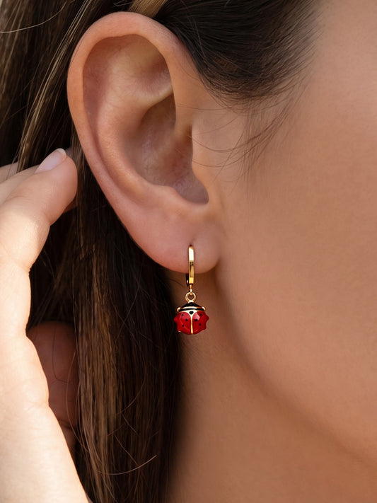 316L Stainless Steel 18K Gold PVD Playful Enamel Ladybug Hoop Earrings - Enamel Ladybug Earrings, Playful Design, Gold Hoop Earrings, Unique Earrings Wholesale Stainless Steel Jewelry - Sensitive Skin Friendly - Detail 2