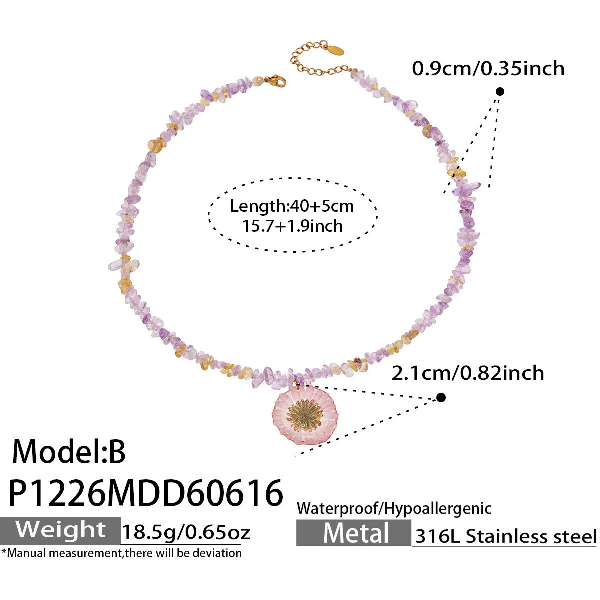 316L Stainless Steel 18K Gold PVD Purple Resin Flower Crystal Necklace - Purple Resin Flower Crystal Necklace Wholesale Stainless Steel Jewelry - Sensitive Skin Friendly - Detail 6