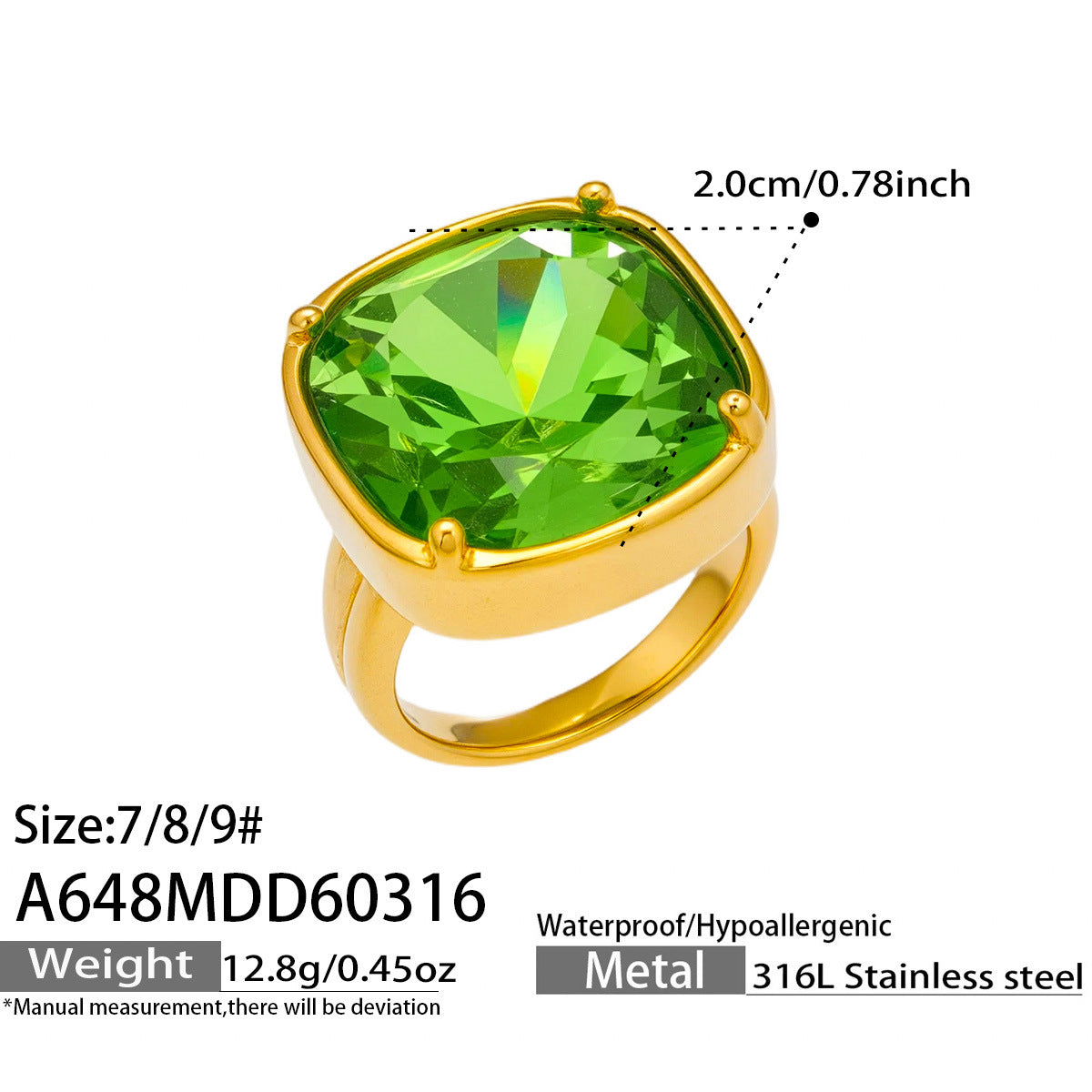 316L Stainless Steel 18K Gold PVD Red Green Glass Stone Light Luxury Ring - Red Green Glass Stone, 18K Gold PVD, Light Luxury Ring, Modern Style Wholesale Stainless Steel Jewelry - Sensitive Skin Friendly - Detail 1