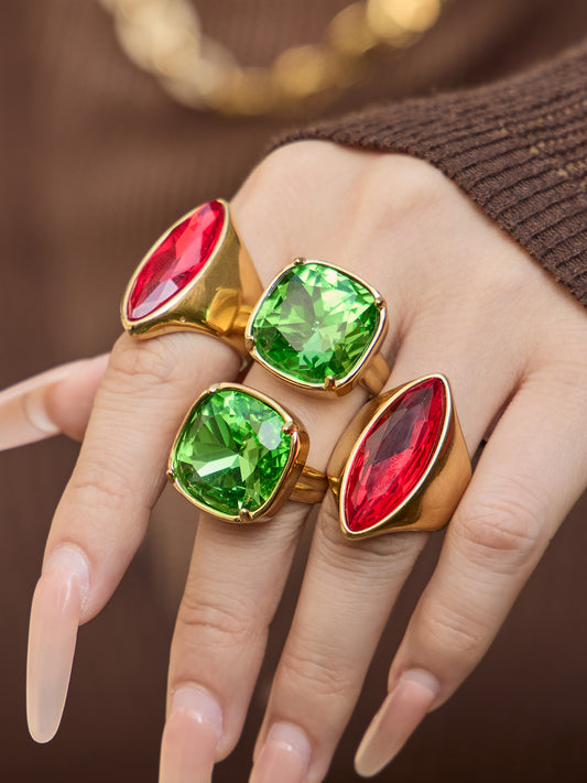 316L Stainless Steel 18K Gold PVD Red Green Glass Stone Light Luxury Ring - Red Green Glass Stone, 18K Gold PVD, Light Luxury Ring, Modern Style Wholesale Stainless Steel Jewelry - Sensitive Skin Friendly - Detail 12