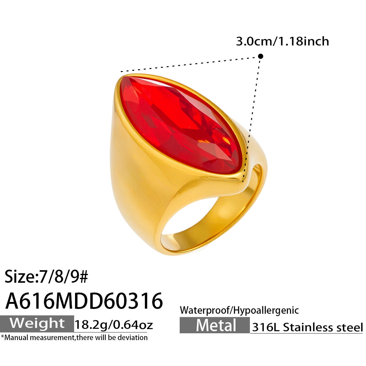 316L Stainless Steel 18K Gold PVD Red Green Glass Stone Light Luxury Ring - Red Green Glass Stone, 18K Gold PVD, Light Luxury Ring, Modern Style Wholesale Stainless Steel Jewelry - Sensitive Skin Friendly - Detail 14