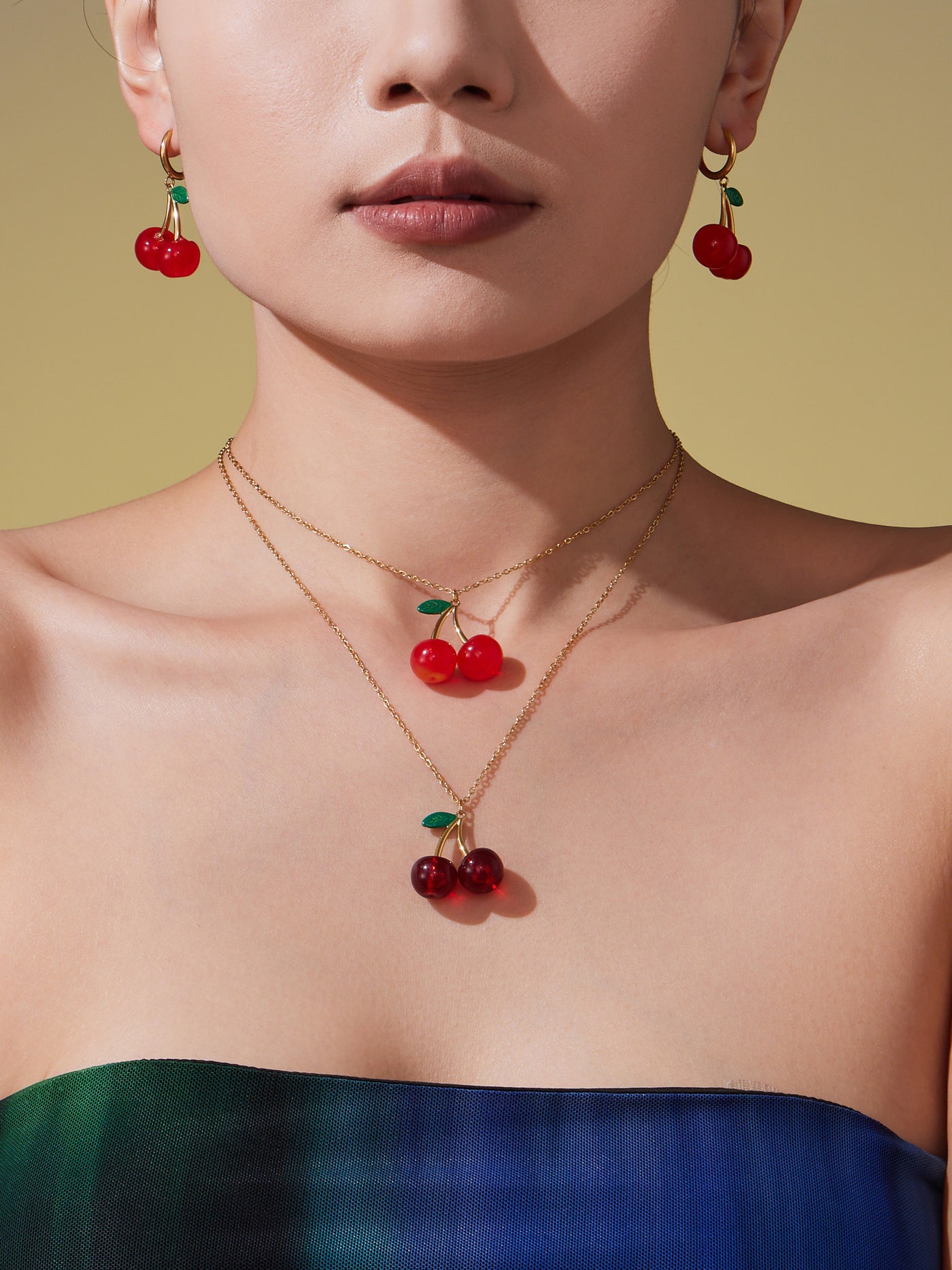 316L Stainless Steel 18K Gold PVD Resin Cherry Pendant Necklace and Earrings Set - Resin Cherry Pendant, Sweet, Playful, Modern, Charming, Fruit Jewelry, Enamel Jewelry Wholesale Stainless Steel Jewelry - Sensitive Skin Friendly - Detail 12