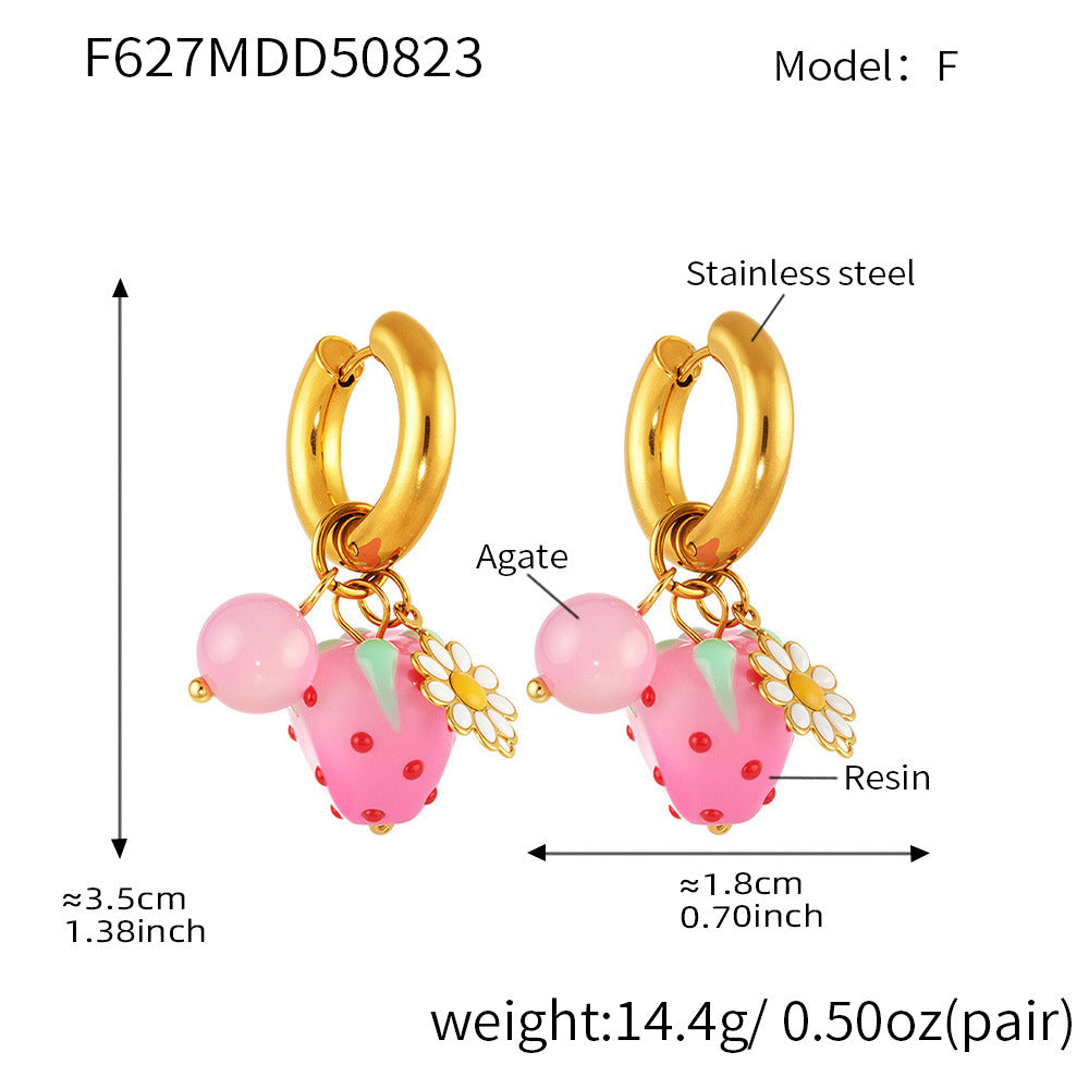 316L Stainless Steel 18K Gold PVD Resin Flower Agate Pendant Hoop Earrings - Sweet Floral Resin Agate Hoop Earrings Wholesale Stainless Steel Jewelry - Sensitive Skin Friendly - Detail 16