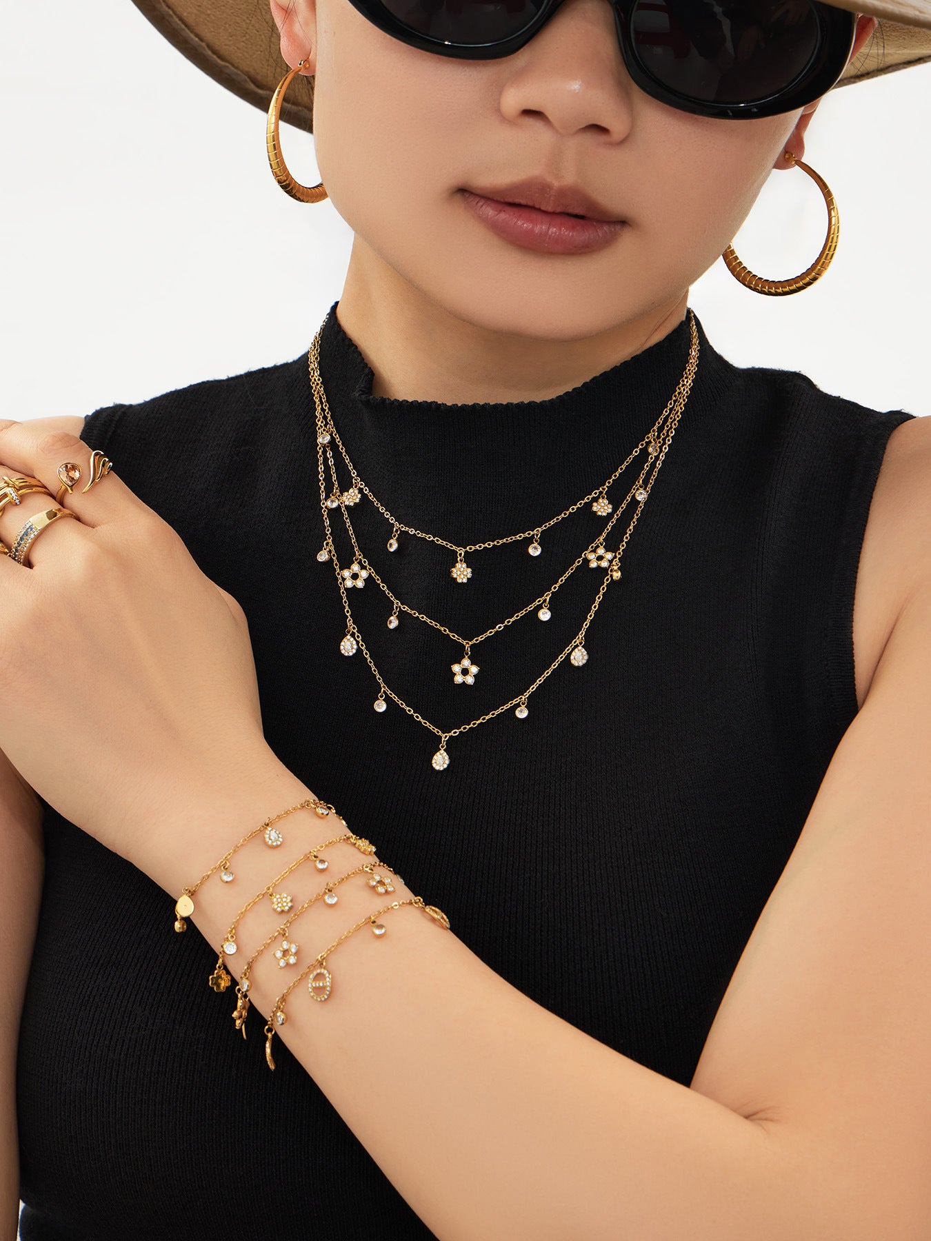316L Stainless Steel 18K Gold PVD Star Zircon Pendant Necklace & Bracelet Set - Light Luxury Gold Star Zircon Pendant Stackable Wholesale Stainless Steel Jewelry - Sensitive Skin Friendly - Detail 12
