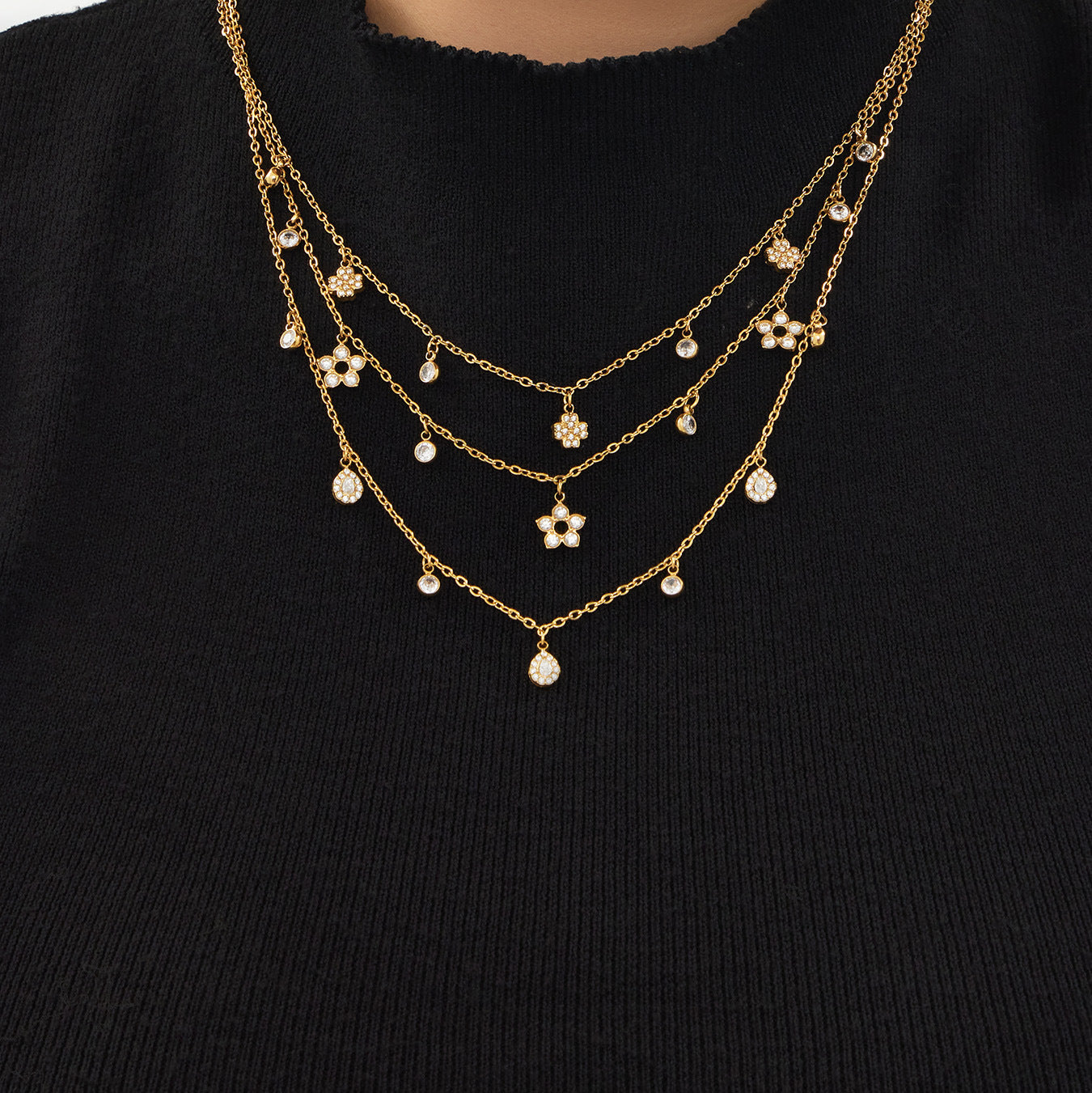 316L Stainless Steel 18K Gold PVD Star Zircon Pendant Necklace & Bracelet Set - Light Luxury Gold Star Zircon Pendant Stackable Wholesale Stainless Steel Jewelry - Sensitive Skin Friendly - Detail 8