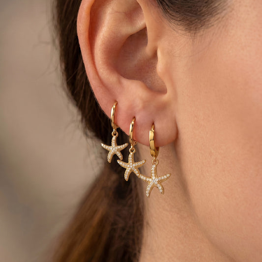 316L Stainless Steel 18K Gold PVD Starfish Zircon Hoop Earrings - Modern Starfish Zircon Hoop, 18K Gold PVD Wholesale Stainless Steel Jewelry - Sensitive Skin Friendly - Detail 15