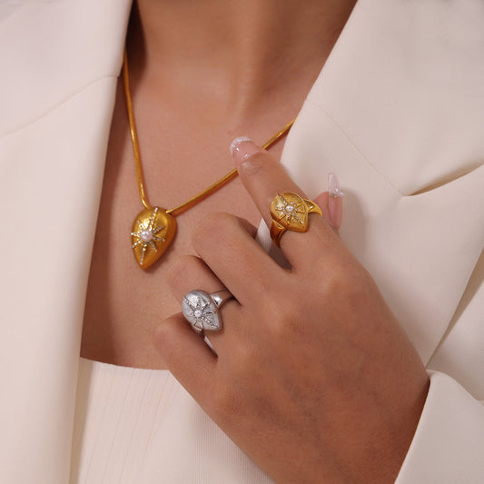 316L Stainless Steel 18K Gold PVD Textured Teardrop Star Diamond-Set Jewelry Set - Textured Teardrop Star Diamond Set Minimalist French Chic Wholesale Stainless Steel Jewelry - Sensitive Skin Friendly - Detail 3