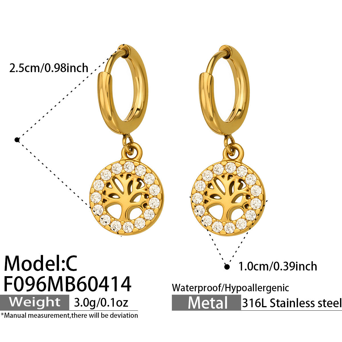 316L Stainless Steel 18K Gold PVD Tree of Life Zircon Hoop Earrings - Tree of Life, Zircon, Hoop Earrings, Gold Plated, Spiritual, Modern Wholesale Stainless Steel Jewelry - Sensitive Skin Friendly - Detail 6