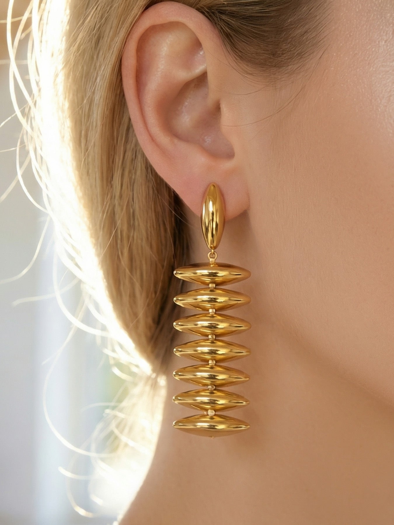 316L stainless steel 18K Gold PVD Trendy Beaded Dangle Earrings modeled styling view for wholesale earrings buyers