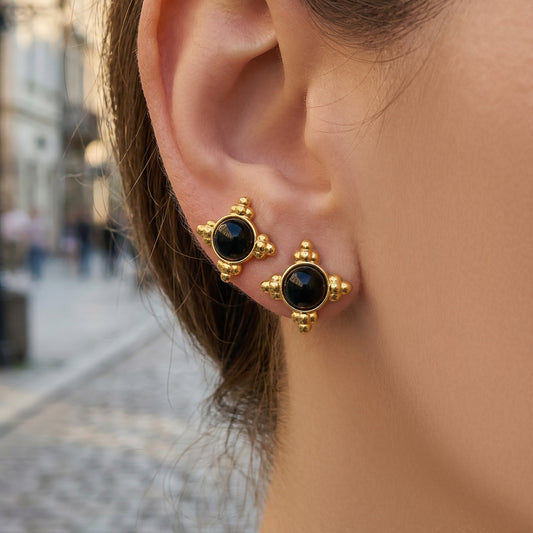 316L Stainless Steel 18K Gold PVD Vintage Cross Black Onyx Earrings Necklace Set - Vintage Cross Black Onyx Earrings Necklace Set Wholesale Stainless Steel Jewelry - Sensitive Skin Friendly - Detail 1