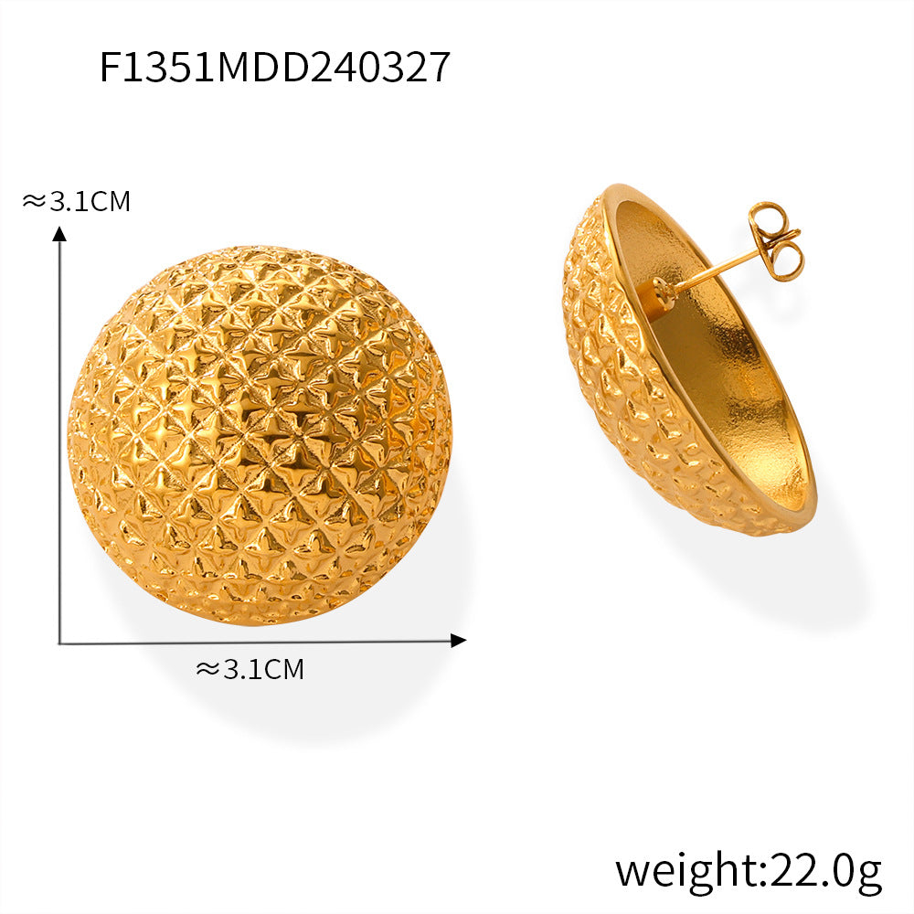 316L Stainless Steel 18K Gold PVD Vintage Elegant Round Relief Diamond Grid Earrings - Vintage Round Relief Diamond Grid Earrings Wholesale Stainless Steel Jewelry - Sensitive Skin Friendly - Detail 3