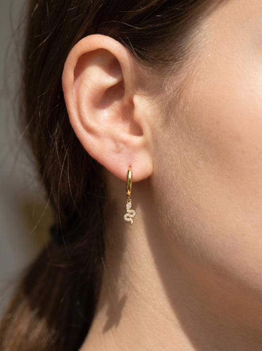316L Stainless Steel 18K Gold PVD Vintage Pave Zircon Serpent Huggie Earrings - Vintage Gold Pave Zircon Serpent Huggie, Trendy, Delicate Luxury Wholesale Stainless Steel Jewelry - Sensitive Skin Friendly - Detail 4