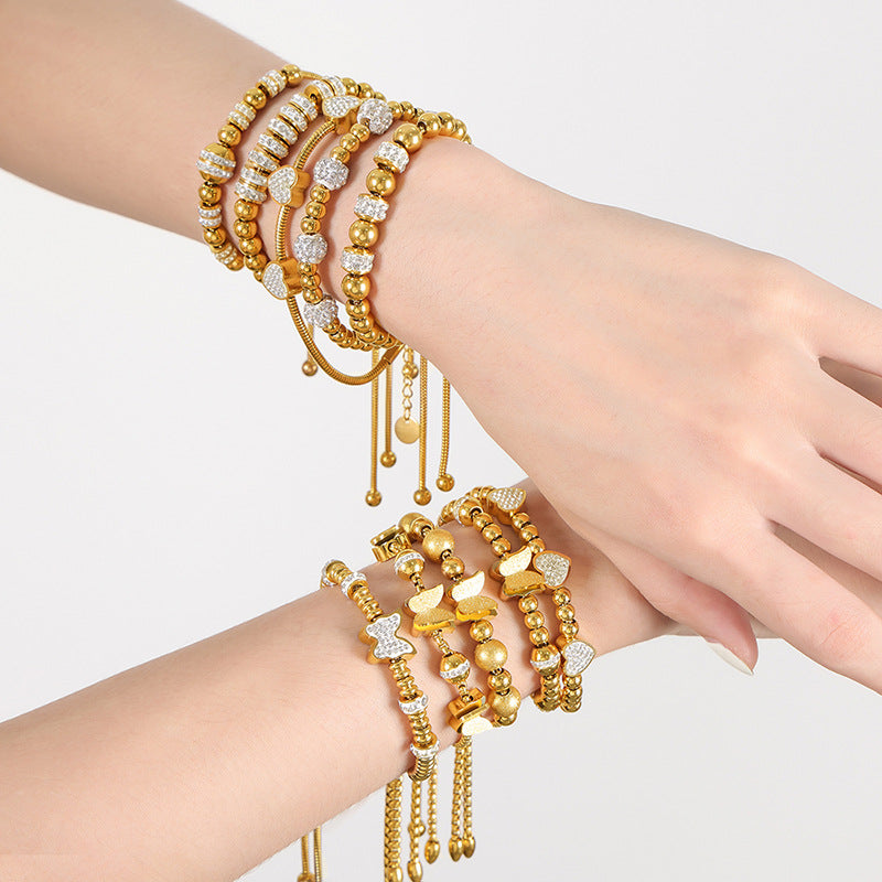 316L Stainless Steel 18K Gold PVD Zircon Beaded Bracelet - Zircon, Beaded, Delicate Chain, Modern, Minimalist Wholesale Stainless Steel Jewelry - Sensitive Skin Friendly - Detail 10