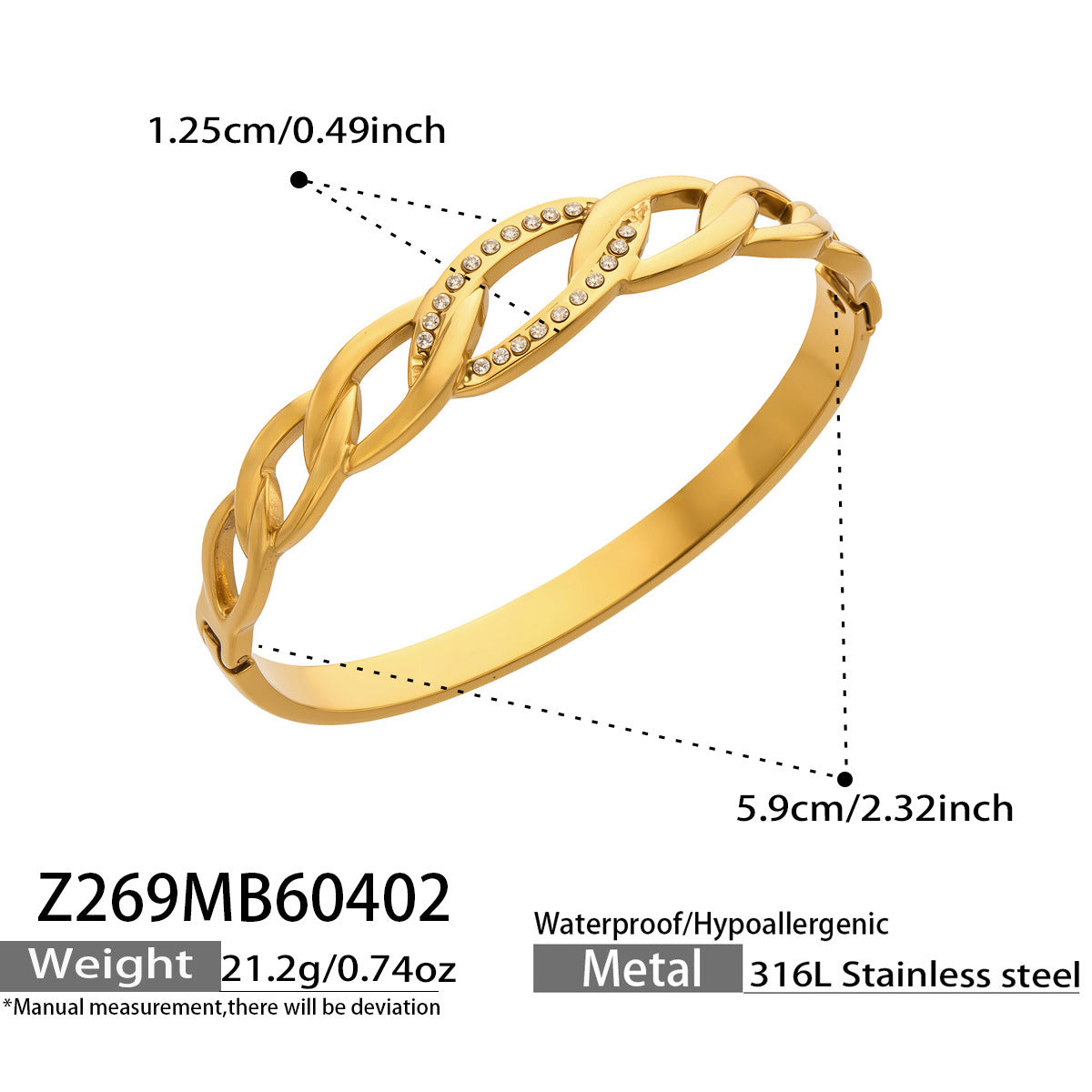 316L Stainless Steel 18K Gold PVD Zircon Pig Nose Chain Link Bangle - Zircon, Pig Nose Chain Link, Modern, Luxury, Bangle Wholesale Stainless Steel Jewelry - Sensitive Skin Friendly - Detail 20
