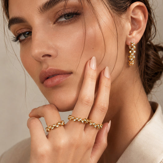 316L Stainless Steel 18K Gold PVD Zircon Set Ring and Earrings - Elegant Golden Zircon Set Wholesale Stainless Steel Jewelry - Sensitive Skin Friendly - Detail 1
