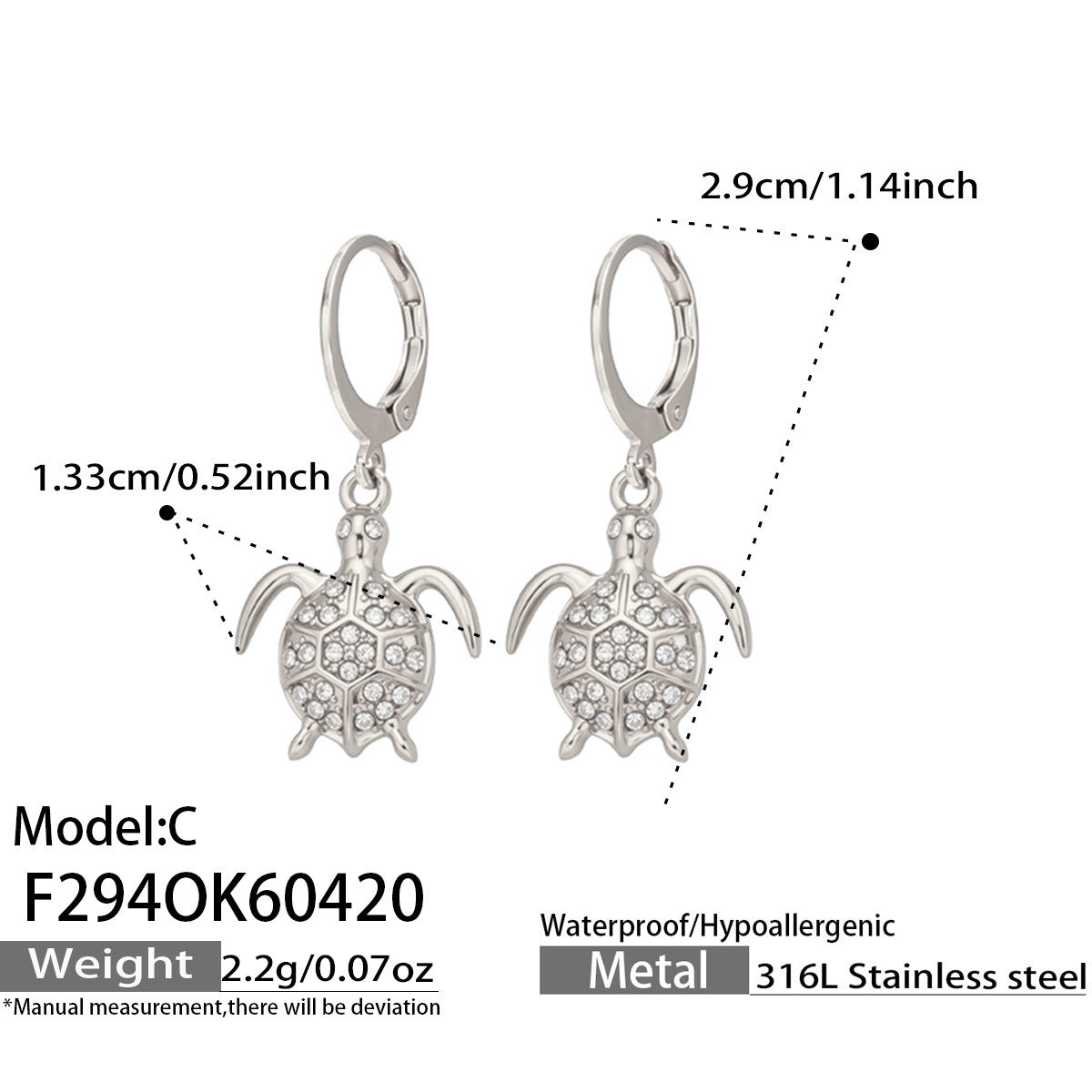 316L Stainless Steel 18K Gold PVD Zircon Turtle Dangle Earrings - Sparkling Zircon, Turtle Pendant, Dangle Earrings, Delicate Wholesale Stainless Steel Jewelry - Sensitive Skin Friendly - Detail 6