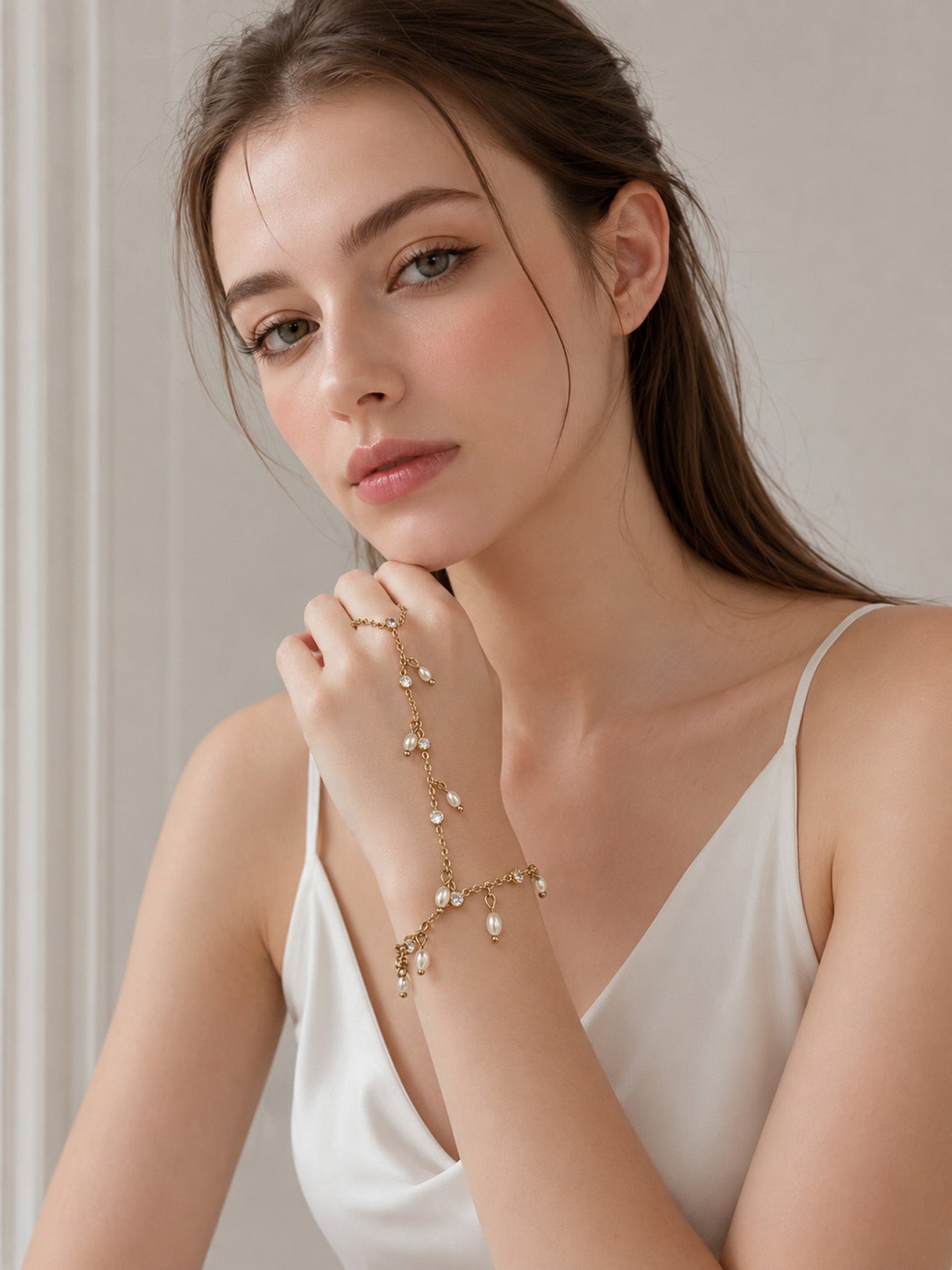 316L Stainless Steel 18K PVD Gold Zircon Pearl Finger Chain Bracelet made with 316L stainless steel and 18K PVD gold finish for wholesale jewelry buyers - image 12