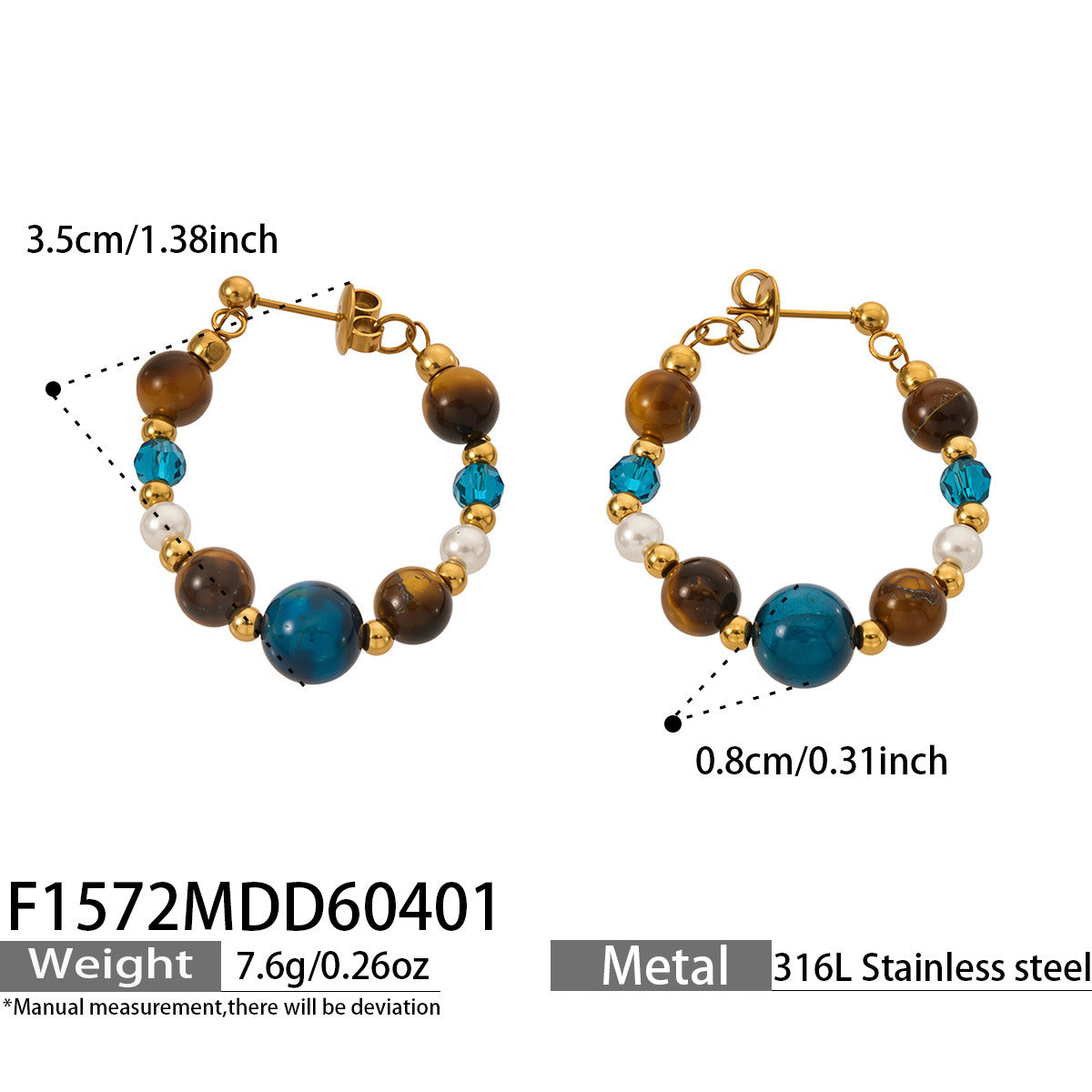 316L stainless steel 18K gold PVD tiger's eye blue bead hoop earrings, hypoallergenic, size 3.5cm