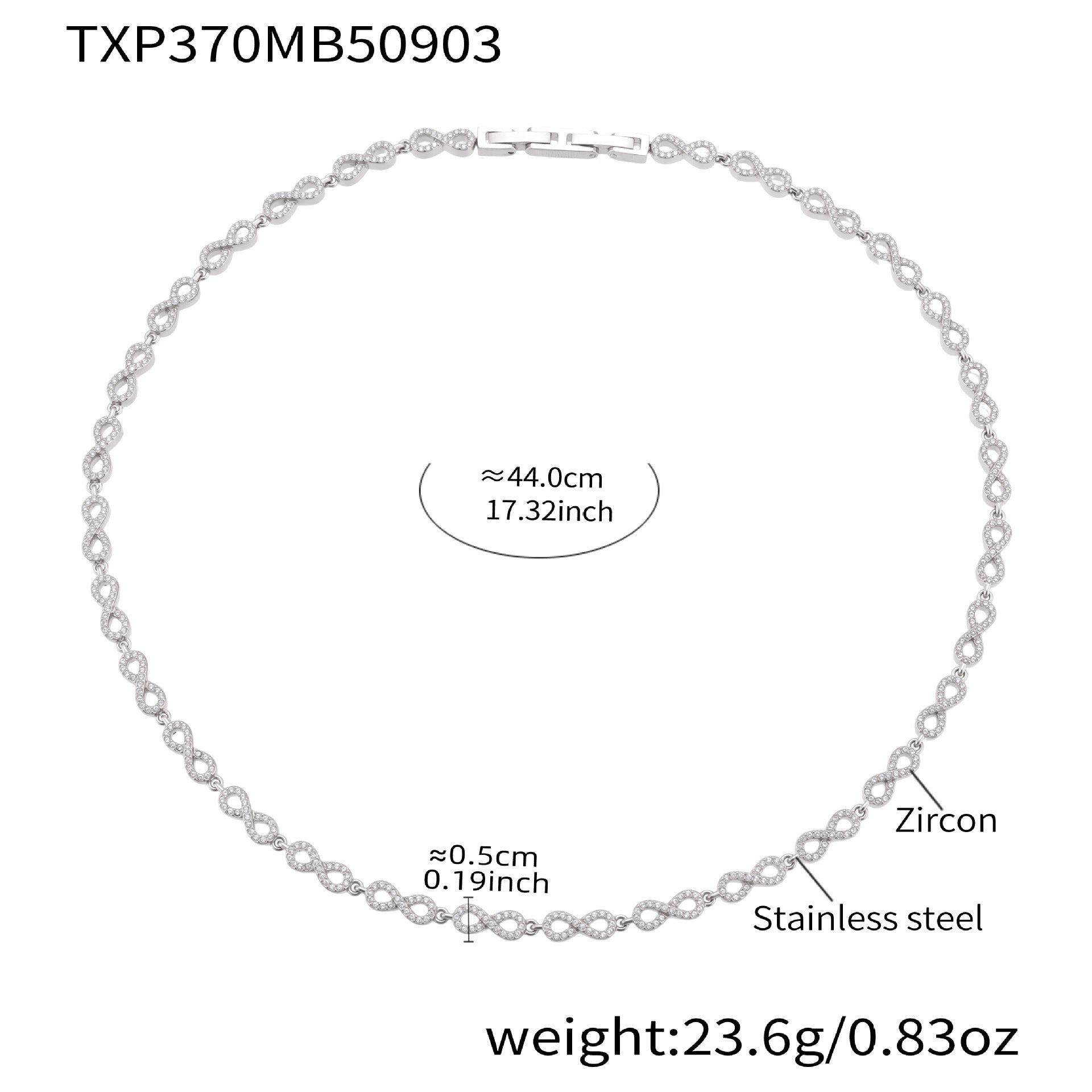 316L stainless steel infinity link necklace with 5A cubic zirconia size details
