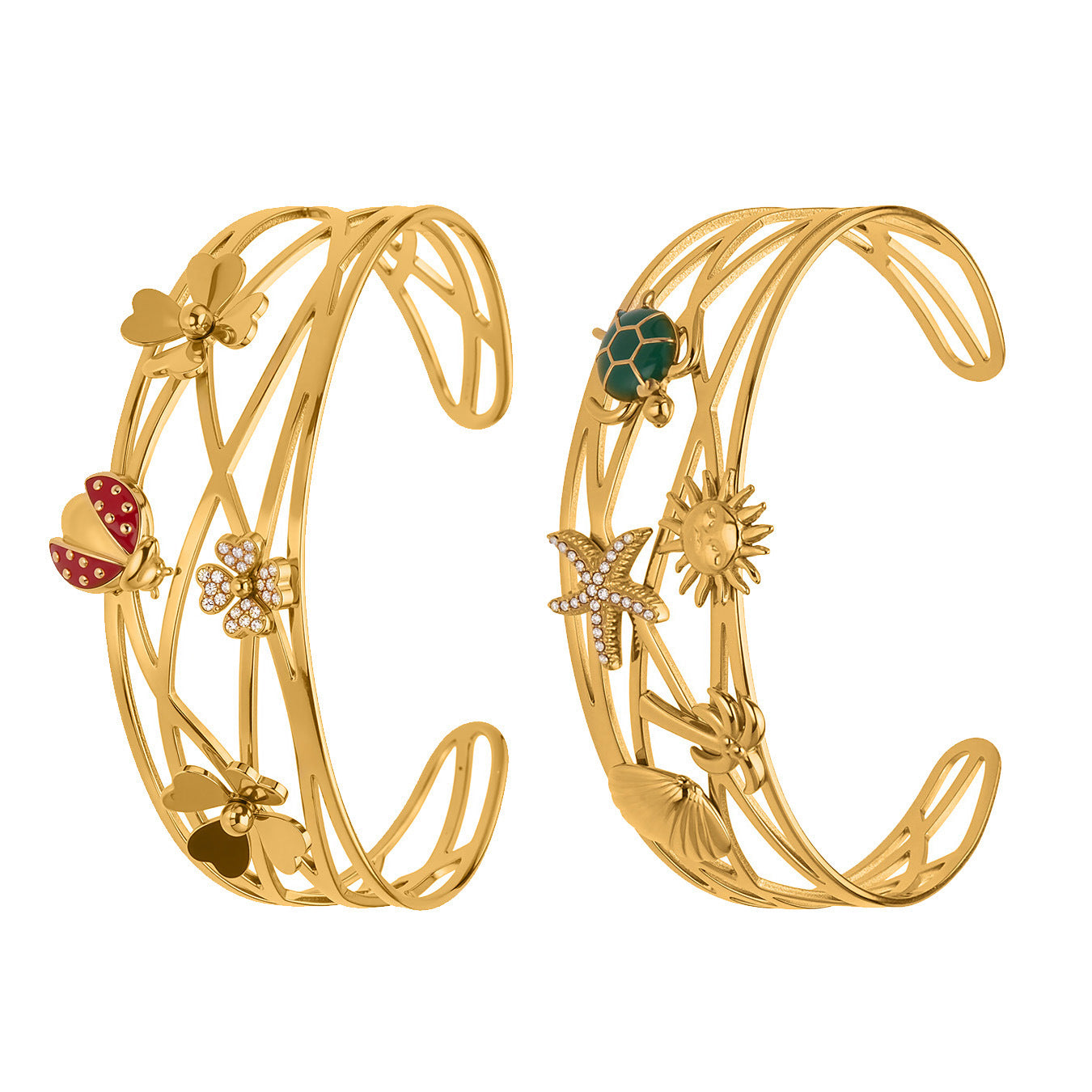 316L Stainless Steel 5A Zircon Floral Ladybug Intricate Triple-Layer Open Cuff Bracelet - Image 7