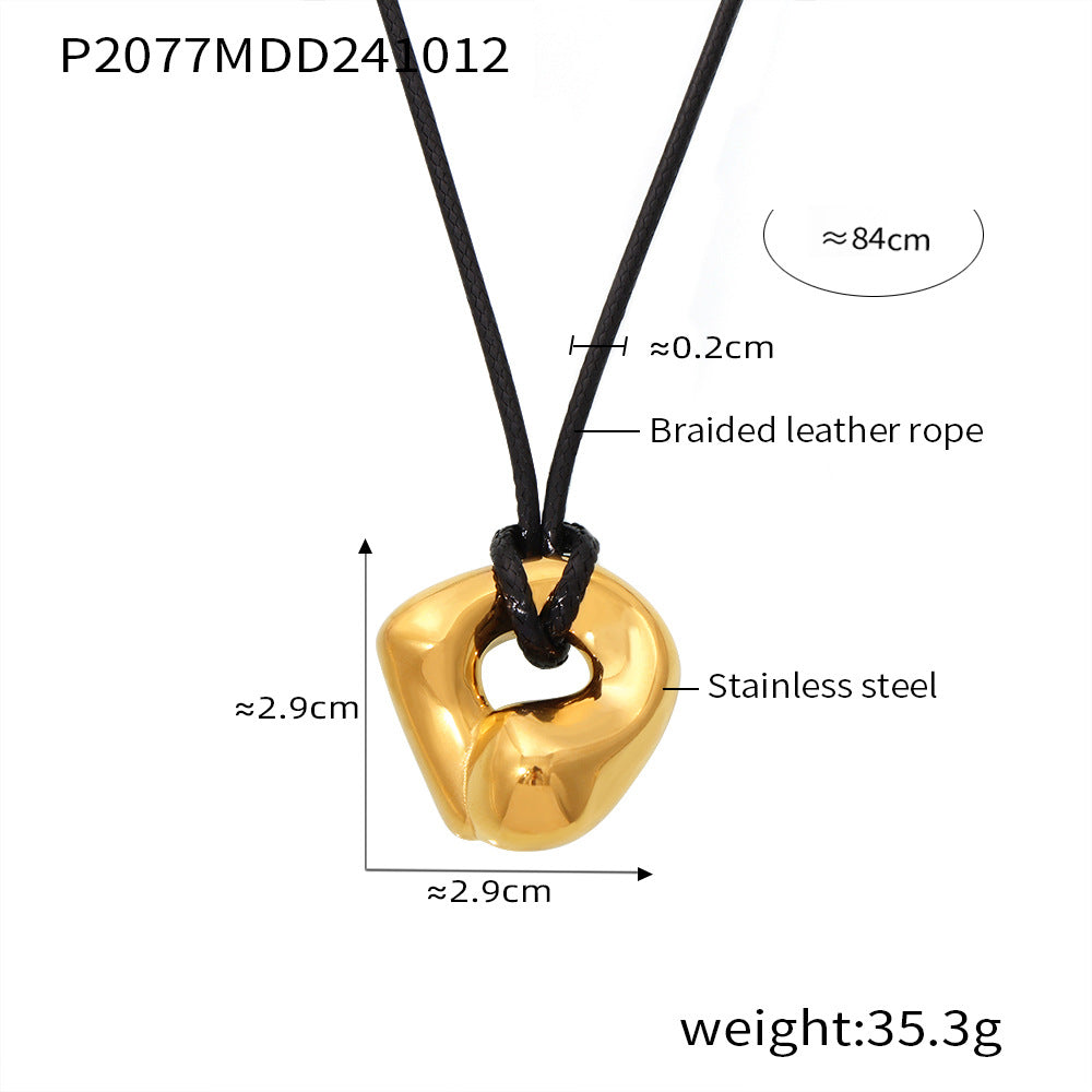 316L Stainless Steel Adjustable Black Leather Rope Irregular Pendant Necklace - Image 5