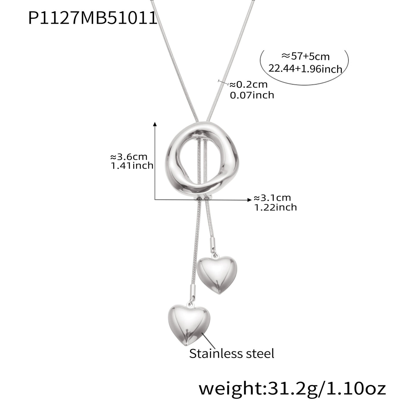 316L Stainless Steel Adjustable Heart Tassel Lariat Necklace - Image 2