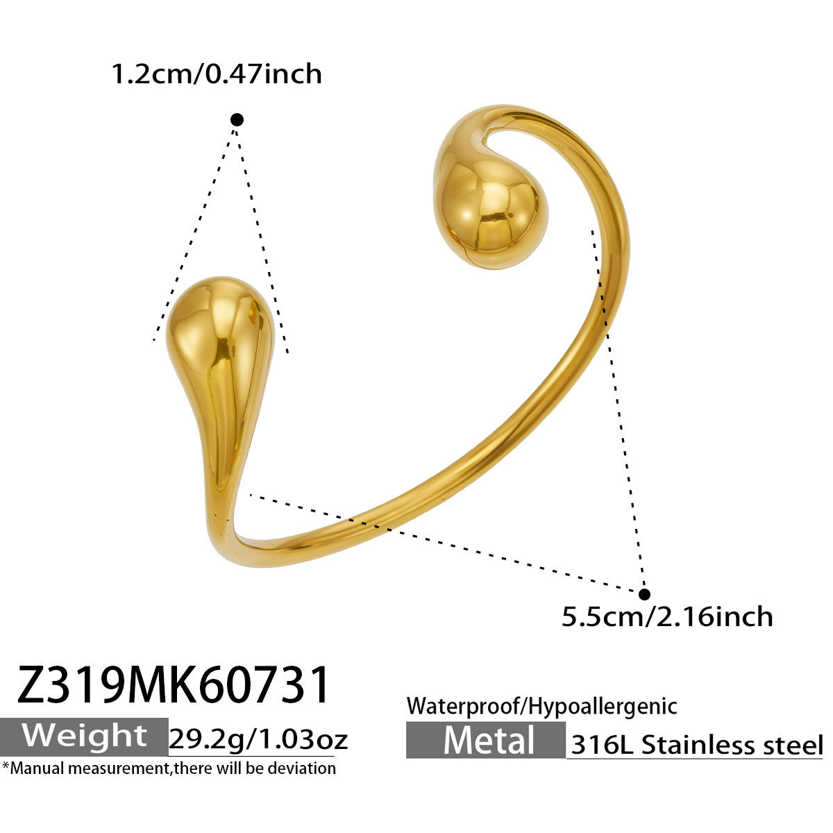 316L Stainless Steel Gold Droplet Bangle Front View