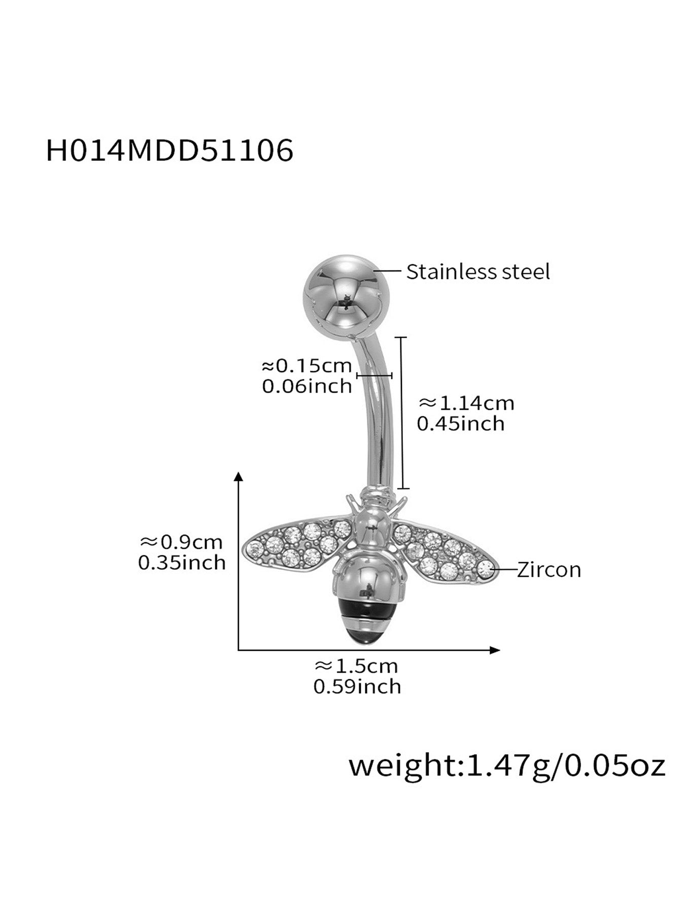 Silver CZ cross belly button ring in 316L surgical steel, hypoallergenic wholesale navel ring