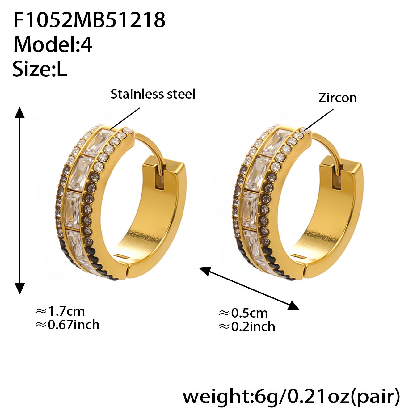 Large 316L stainless steel hoop earrings with black zircon and clear 5A cubic zirconia, luxury gold plated wholesale jewelry