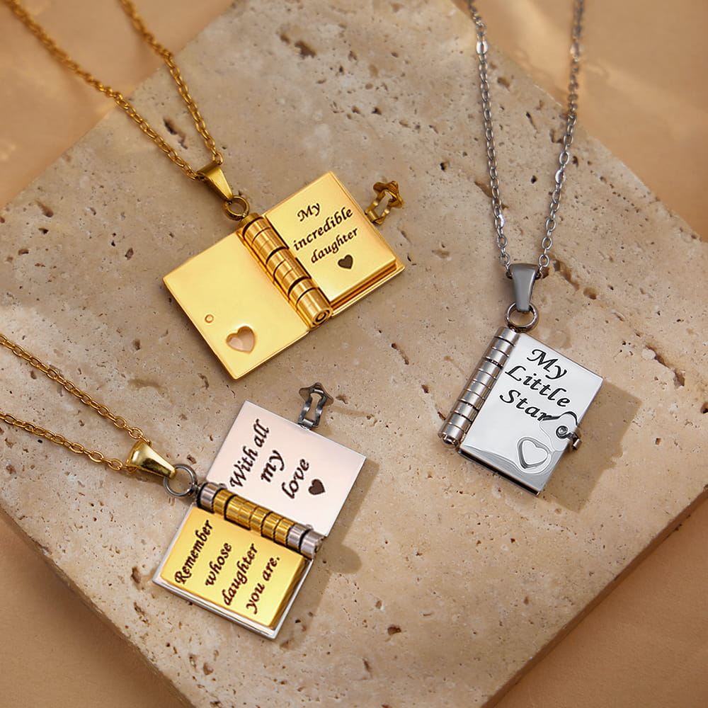 316L Stainless Steel 18K Gold PVD Engraved Book Pendant Necklace – Mother’s Day Family Love Gift