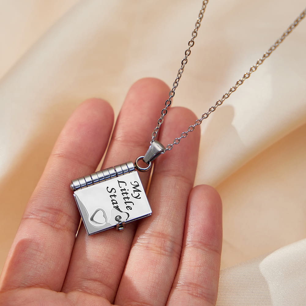 316L Stainless Steel 18K Gold PVD Engraved Book Pendant Necklace – Mother’s Day Family Love Gift