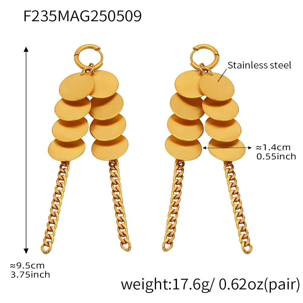 316L stainless steel Brushed Disc Chain Tassel Earrings product card view for wholesale earrings buyers