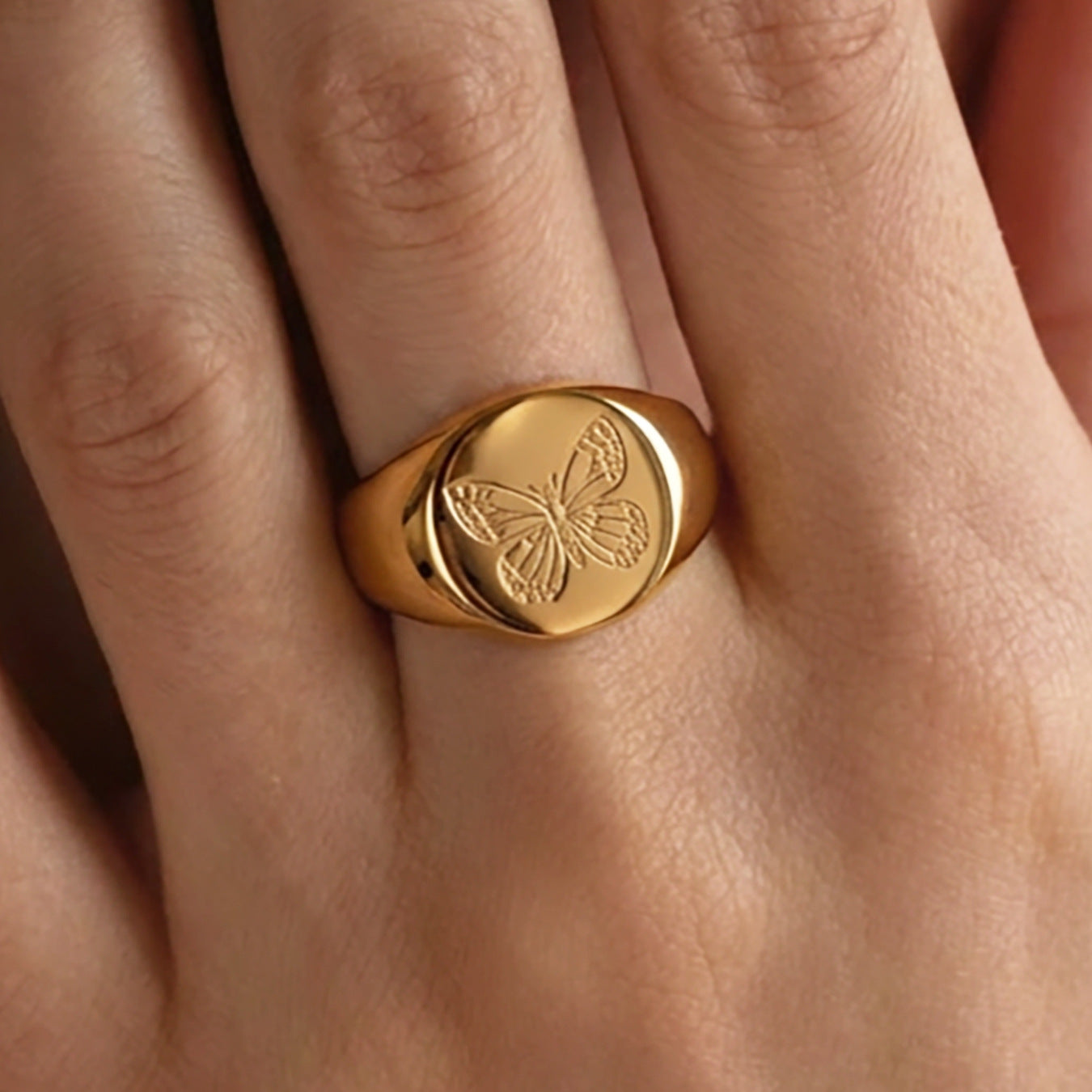 316L Stainless Steel Butterfly & Peony Engraved Signet Ring