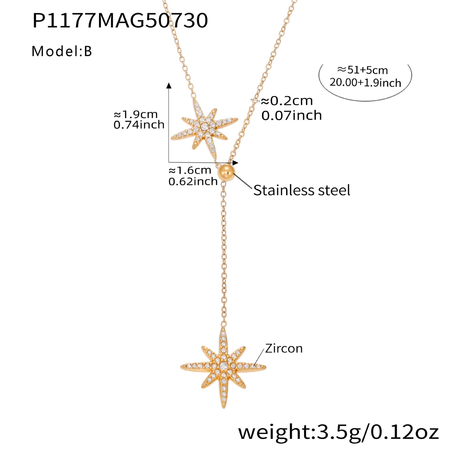 316L stainless steel layered celestial star tassel necklace in gold with zircon, star charm and tassel structure