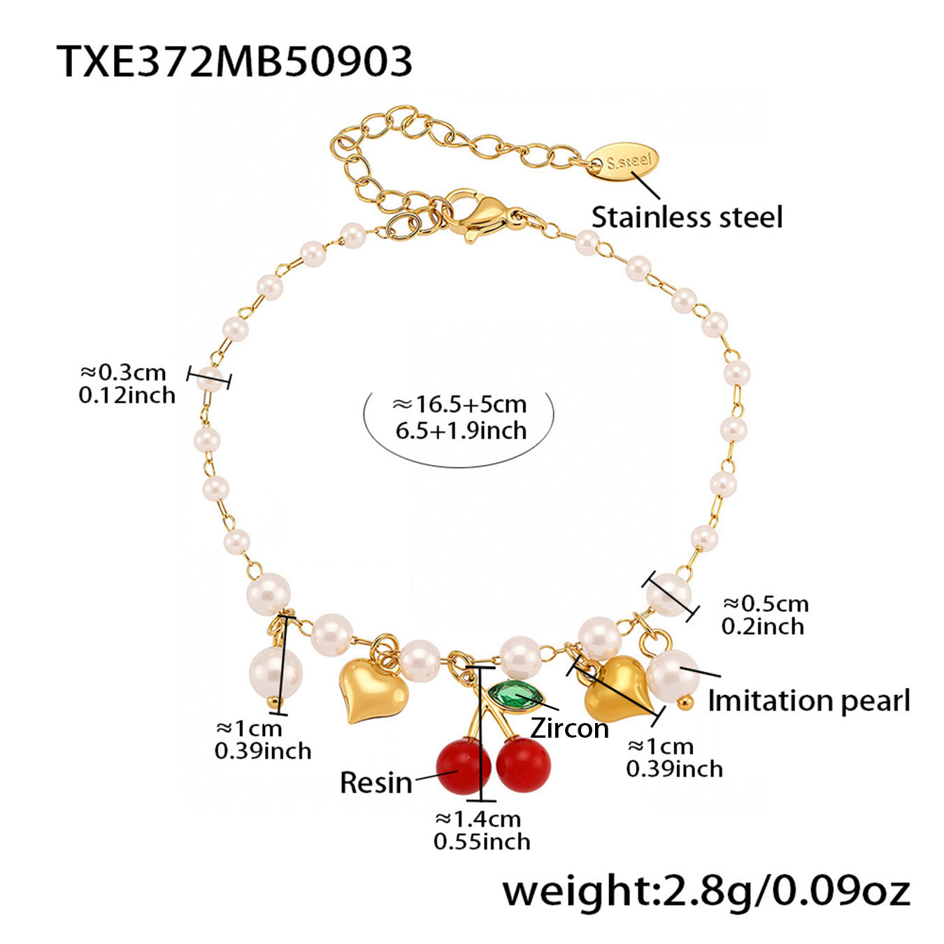 Another technical view of the beaded cherry necklace specifications, highlighting the durable surgical-grade steel base.