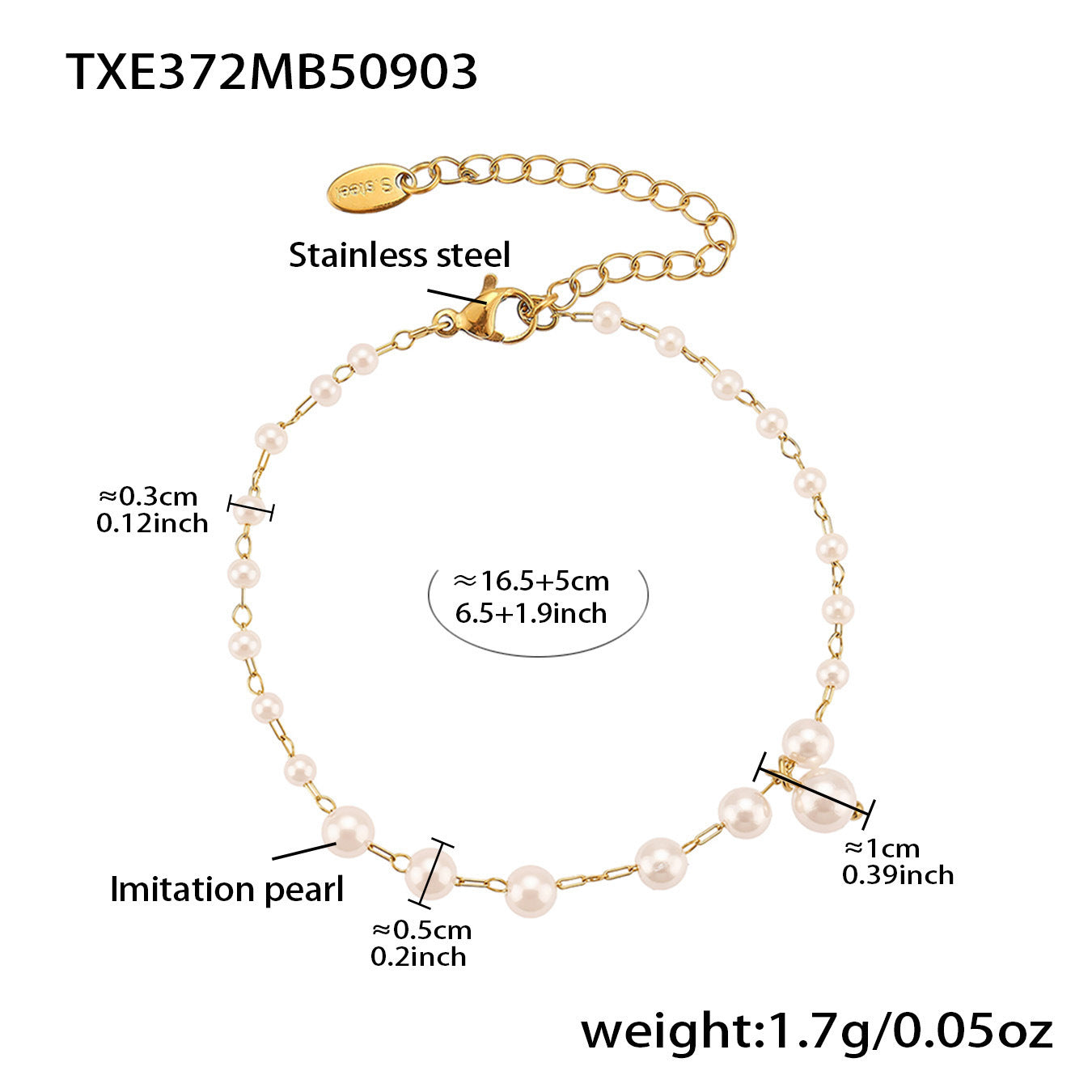 Detailed measurement guide for the cherry pearl beaded bracelet, ideal for jewelry retailers and boutiques.