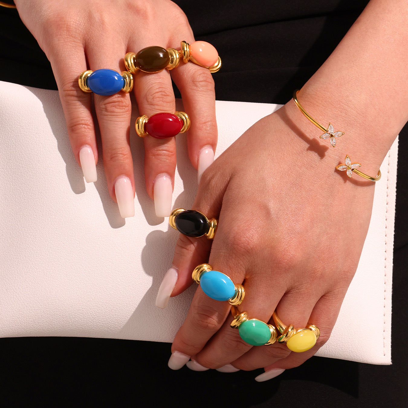 316L Stainless Steel Chic Candy Color Oval Resin Open Ring - Image 3