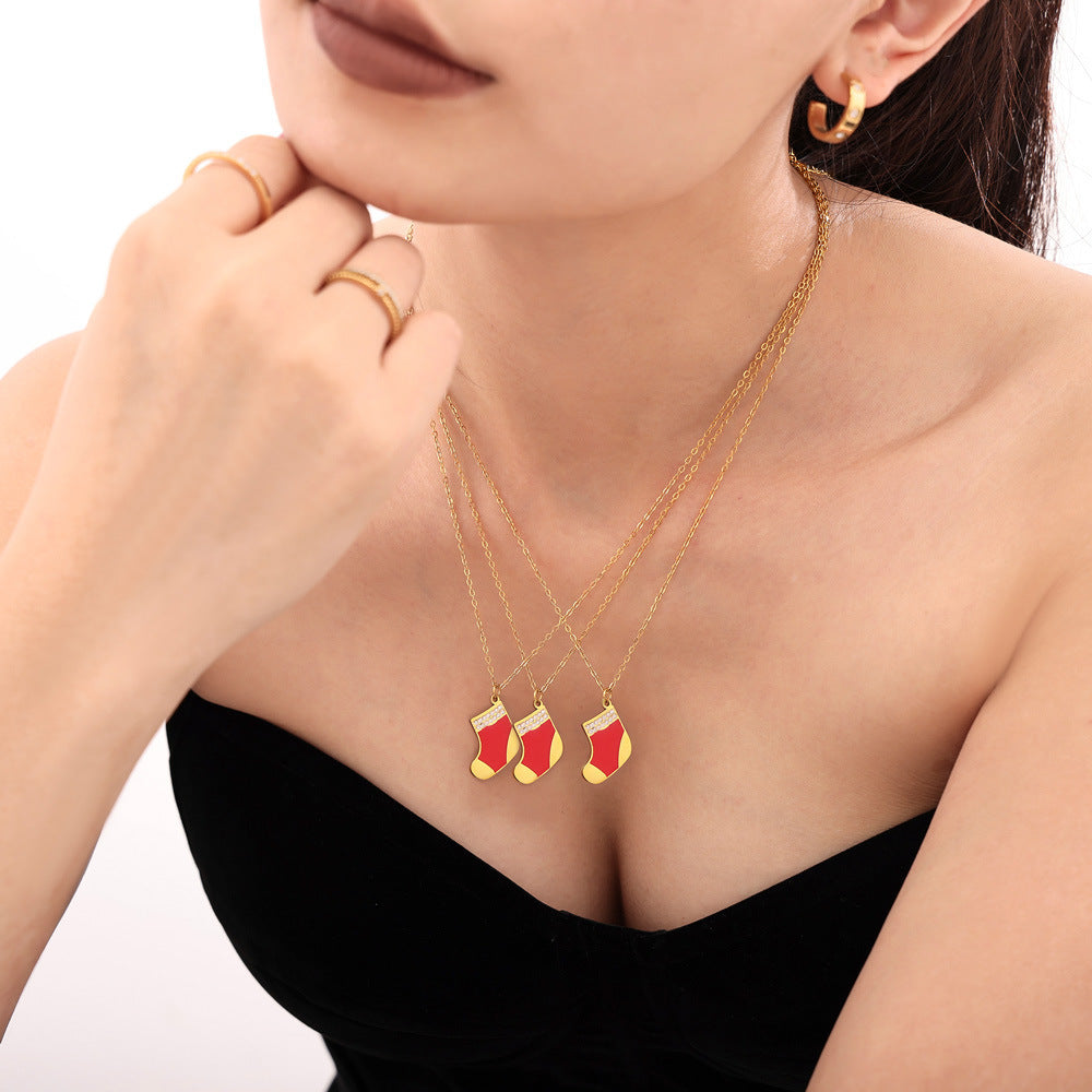 316L Stainless Steel Chic Red Enamel Christmas Stocking Pendant Necklace - Image 1