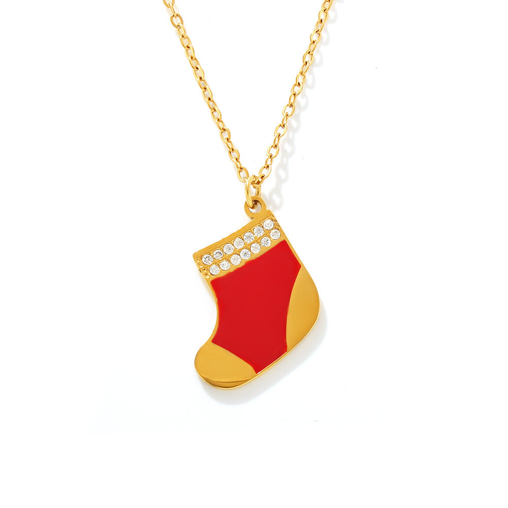 316L Stainless Steel Chic Red Enamel Christmas Stocking Pendant Necklace - Image 2